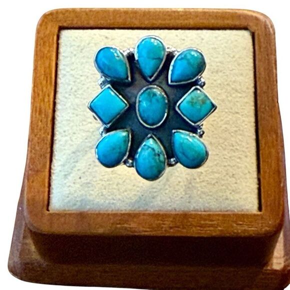 Turquoise Cluster Stone Floral Ring Southwestern Adjustable Sterling Silver - Picture 1 of 4